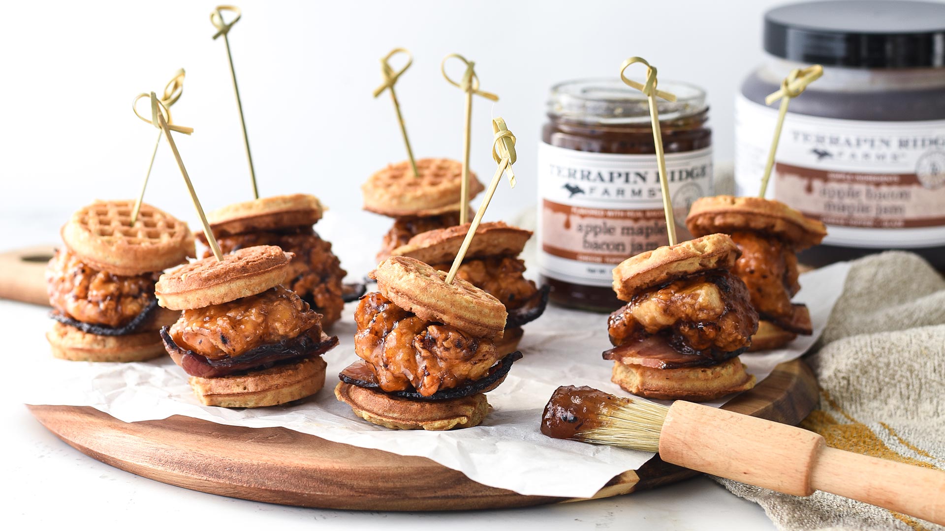 Mini Fried Chicken 'n Waffle Sandwiches with Terrapin Ridge Farms Apple Maple Bacon Jam Mini Fried Chicken 'n Waffle Sandwiches with Terrapin Ridge Farms Apple Maple Bacon Jam